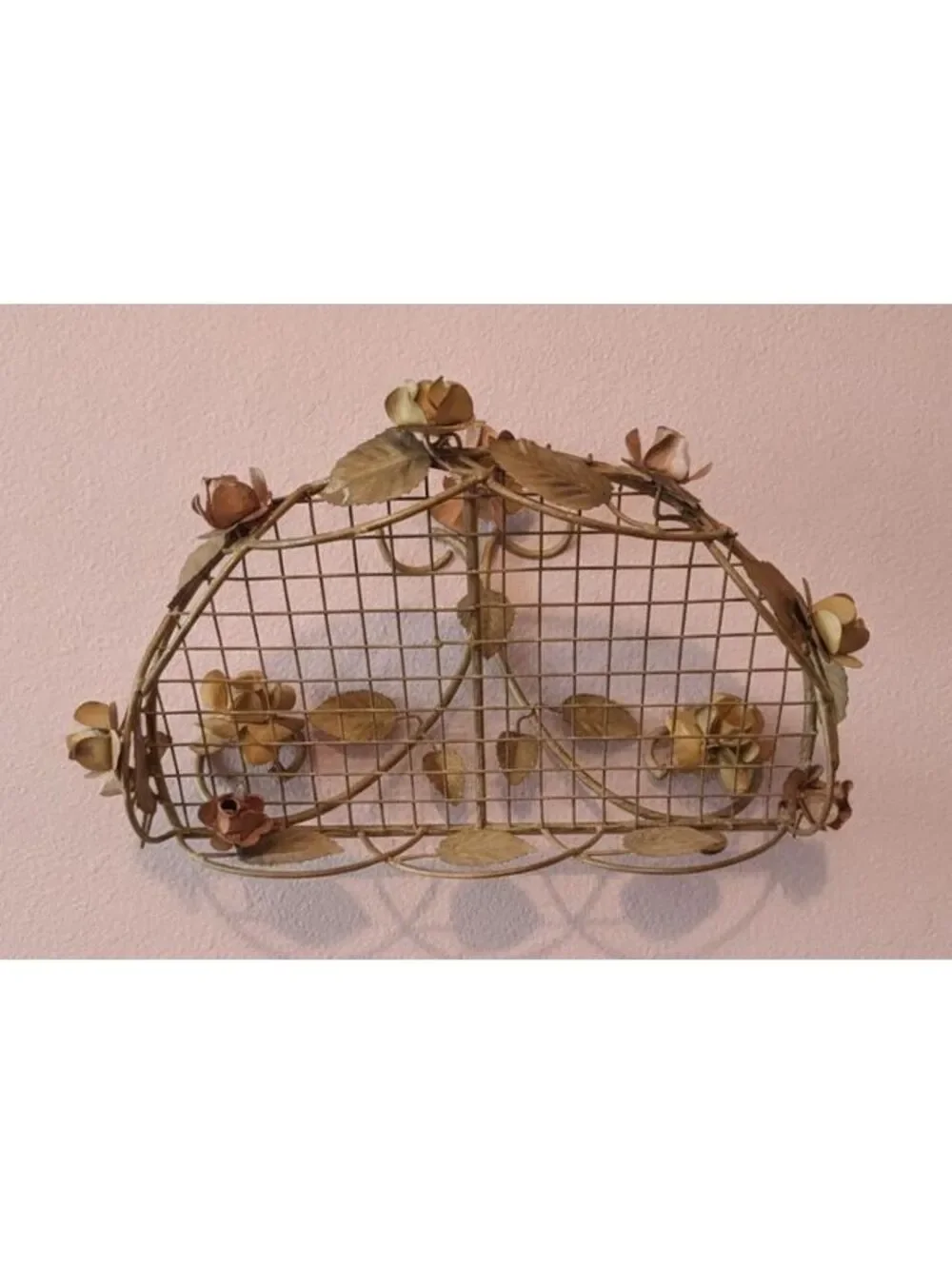 Vintage Italian Toleware Wire Mesh Wall Shelf w/ Hand-Painted Roses 8